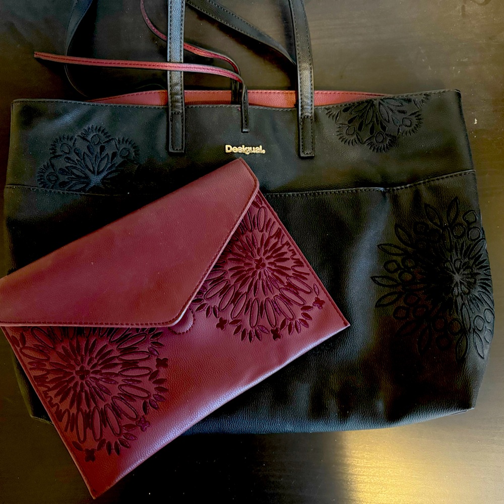 Desigual Reversible Black & Burgundy Bag with Embroidered Accents